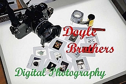 A picture of a camera, a roll of film and slides; the logo for Doyle Brothers Digital Photography